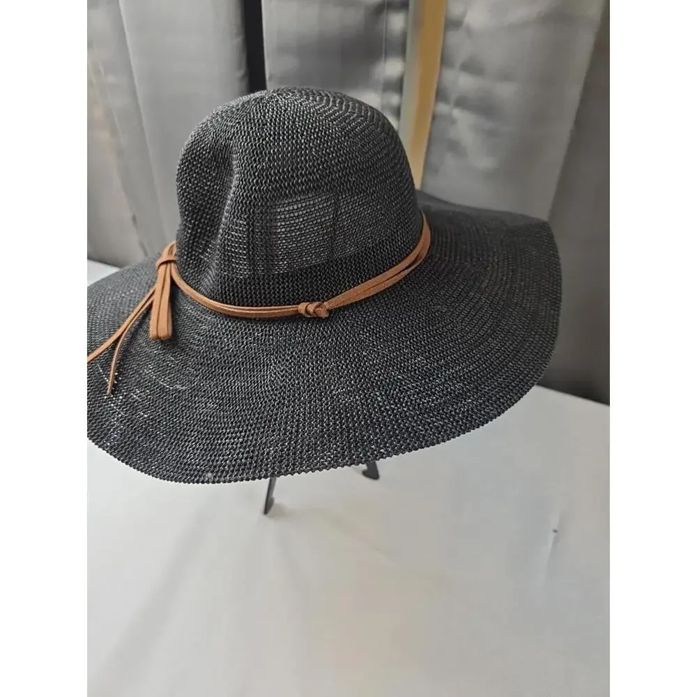 Women's Wide Brim Hat‎ BoHo Festival Brown Faux Leather Band Adjustable EUC